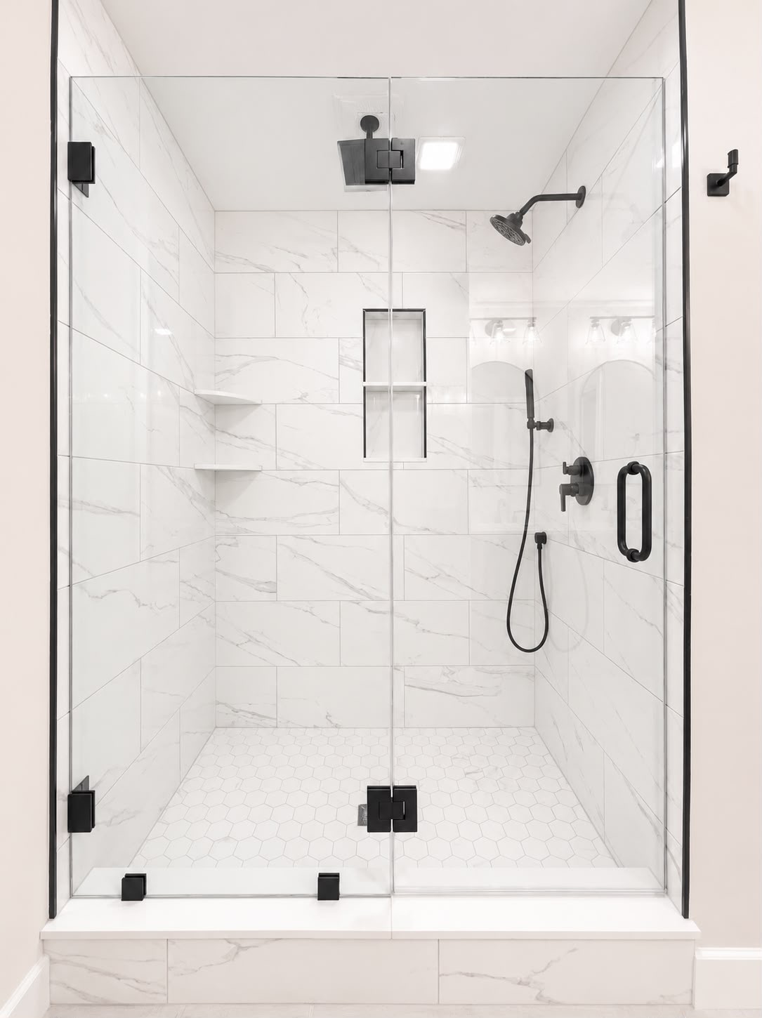 White marble enclosure by Horus Glassworks — Precision fitted panels