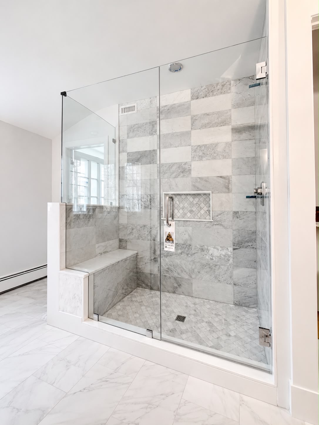 Marble bench enclosure by Horus Glassworks — Custom cut glass