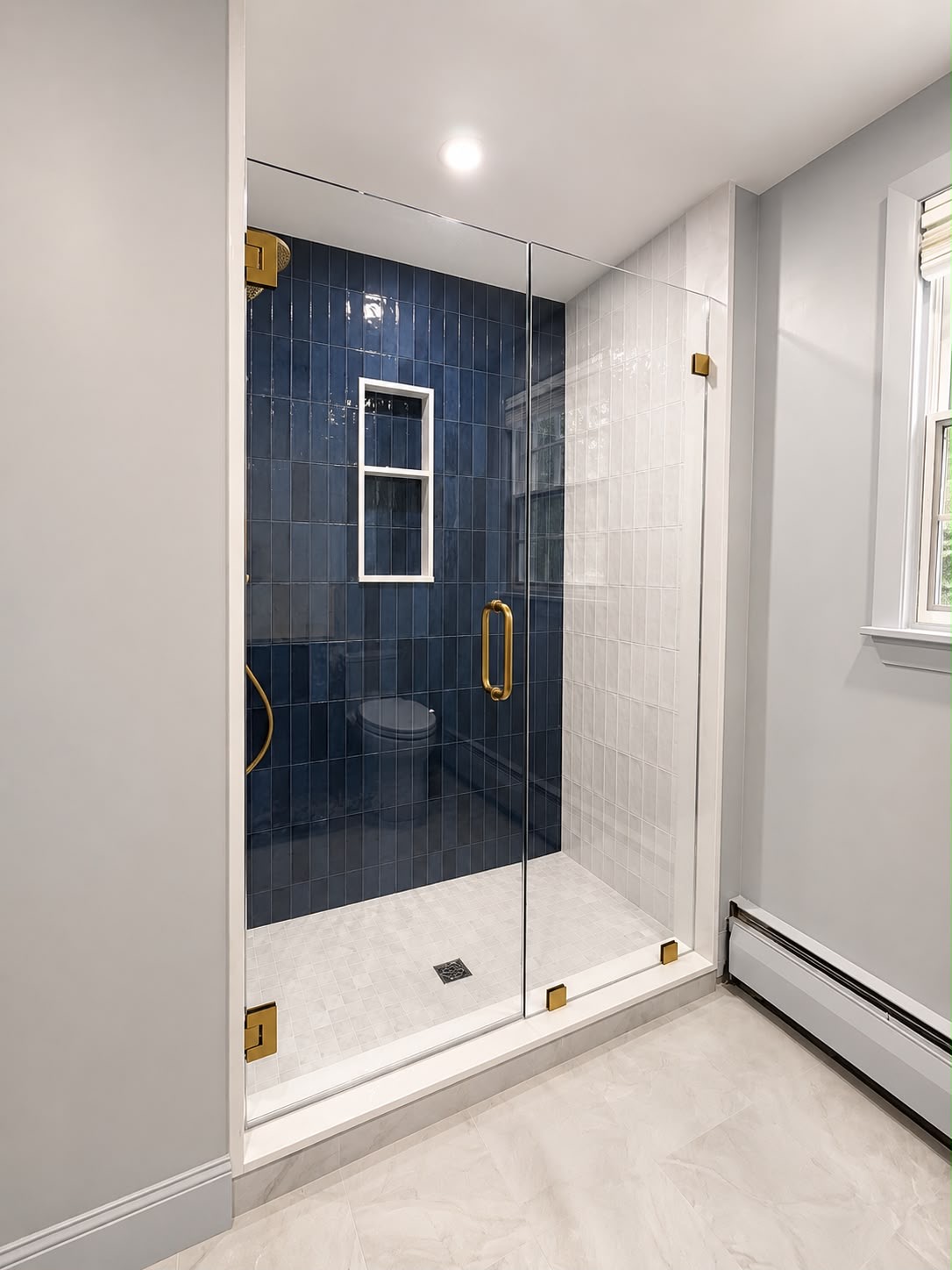 Navy & gold shower by Horus Glassworks — Door and fixed panel