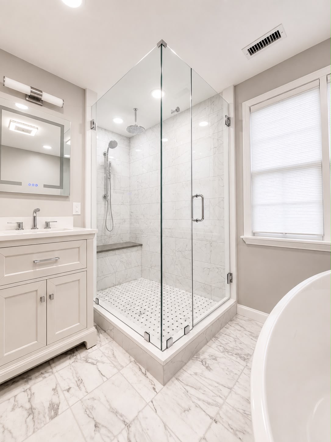 Marble corner enclosure by Horus Glassworks — Custom corner glass