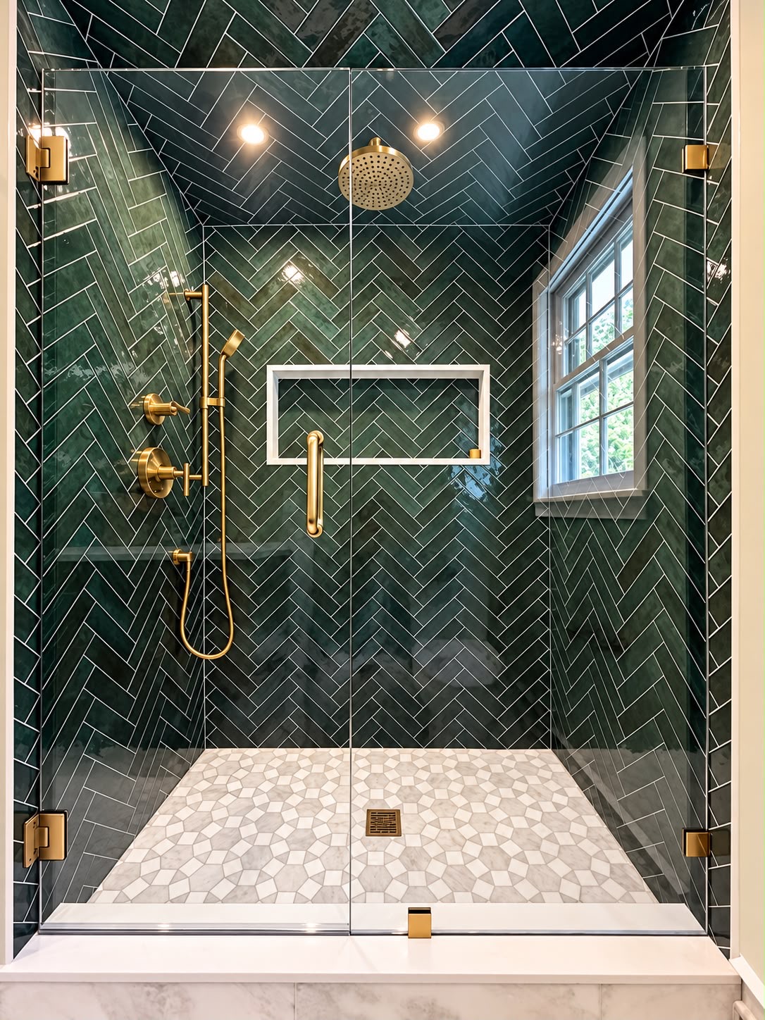 Green herringbone shower by Horus Glassworks — Brushed gold hardware